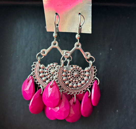 Hoop Dangler Earrings | Oxidized Silver With Pink Pendants