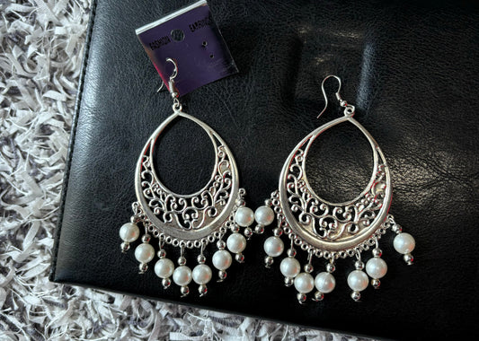 Dangler Hoop Earring | Silver With White Pearls